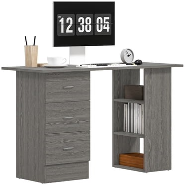 HOMCOM Bureau d'Ordinateur avec Étagères de Rangement à 3 Niveaux, Bureau de Bureau à Domicile, Gris
