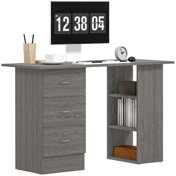 HOMCOM Computer Desk with 3-Tier Storage Shelves, Home Office Desk, Grey