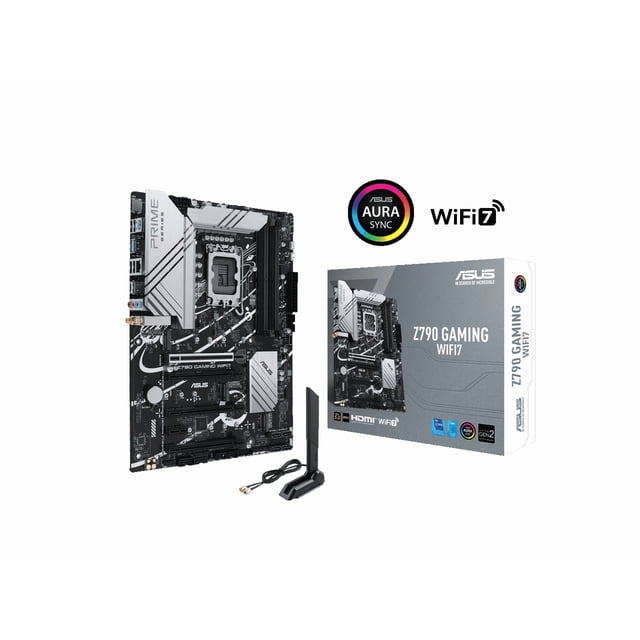 Asus Z790GAMINGWIFI7 Carte Mère avec Facteur de Forme LGA 1700 ATX avec Prise en Charge PCIe 5.0, Trois Emplacements M.2, Étages d'Alimentation 14+1 DrMOS et Compatibilité DDR5. Inclut des options de Connectivité Avancées comme WIFI 7, Realtek 1 Go LAN, HDMI TM, USB 3.2 Gen 2x2 Type-C, USB 3.2 Gen 1 Type-C avant et Thunderbolt USB4. l'Image Montre la Carte Mère à Côté de Son Emballage de