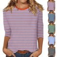 thumbnail image 1 of Jovati Blouse Décontractée à Manches Courtes et Col Rond pour Femmes, Imprimé à Rayures, Mélange Polyester-Spandex, Tenue Quatre Saisons, Coupe Fidèle à la Taille, Lavable à la Machine, 1 of 6
