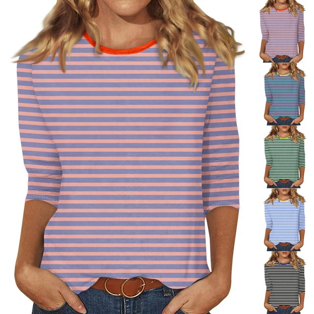 Jovati Blouse Décontractée à Manches Courtes et Col Rond pour Femmes, Imprimé à Rayures, Mélange Polyester-Spandex, Tenue Quatre Saisons, Coupe Fidèle à la Taille, Lavable à la Machine