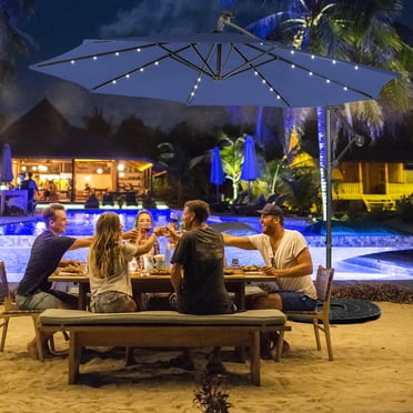 Costway Parasol Déporté de Patio 10 Pieds à Énergie Solaire avec 32 DEL, Extérieur, Bleu Marine
