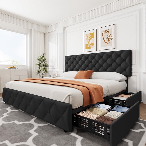 TROPOW Grand Cadre de Lit, avec 4 Tiroirs de Rangement et Tête de Lit Ajustable, Cadre de Lit Plateforme Rembourré en Lin, Capitonnage à Boutons à Surpiqûres en Losange, Aucun Sommier Requis, Noir