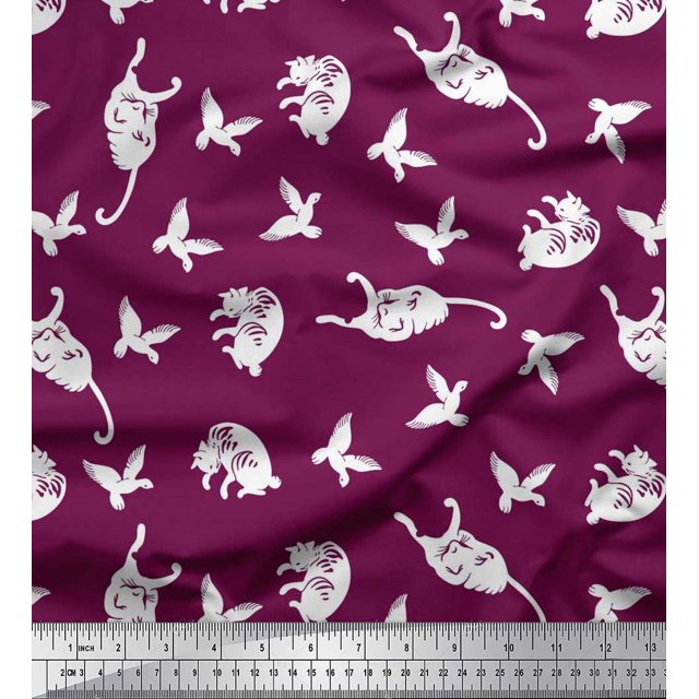 Soimoi Moss Georgette Fabric Bird & Cat Animal Print Fabric by Yard 42 Inch Wide