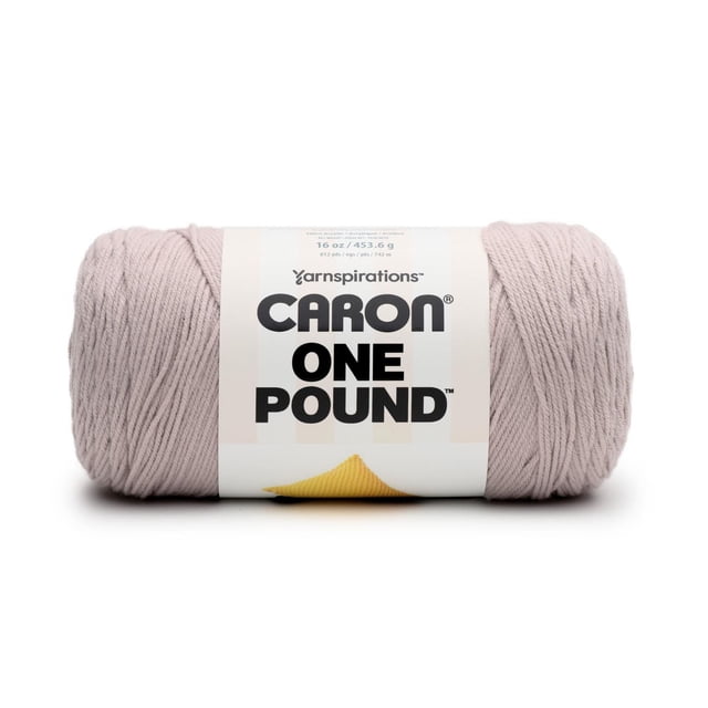 Caron® One Pound™ Yarn, Acrylic #4 Medium, 16oz/454g, 812 Yards, light mauve acrylic yarn skein with a white label featuring bold black text, suitable for knitting and crochet accessories, garments, and home decor, machine washable and dryable.