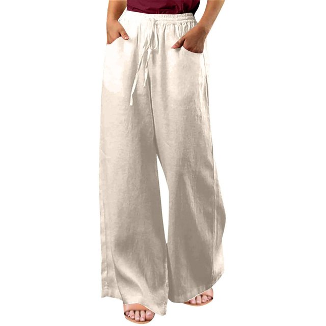 Pantalon Grand en Lin pour Femmes, Taille Élastique à Cordon, Palazzo Décontracté avec Poches