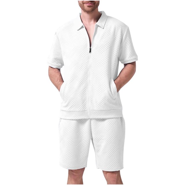 Styesk Mens Outfits 2 Piece Summer Men's Casual Fashion Solid Color Short Sleeved Lapel Drawstring Elastic Waist Set
