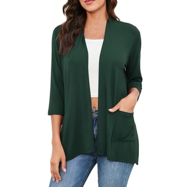 2025 Womens Casual Lightweight Cardigan Plus Size Kimonos with Pockets 3 4 Acrylic Cardigan Sleeve Front Open
