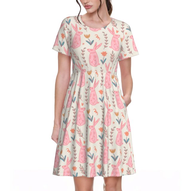 Bixox Women's Short Sleeve Summer Dress Loose Swing Knee Length Dresses with Pockets-Rabbit