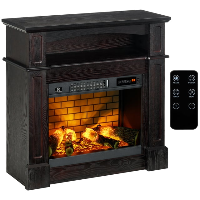 HOMCOM 32" Electric Fireplace with Mantel, Freestanding Heater with LED Log Flame, Shelf and Remote Control, 1400W, Dark Coffee