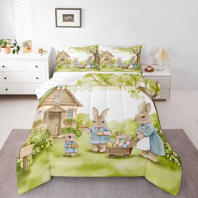 Erosebridal Easter Eggs Bedding Sets Full with Comforter,Kawaii Rabbit Duvet Insert,Festival Decor,Reversible,3pcs