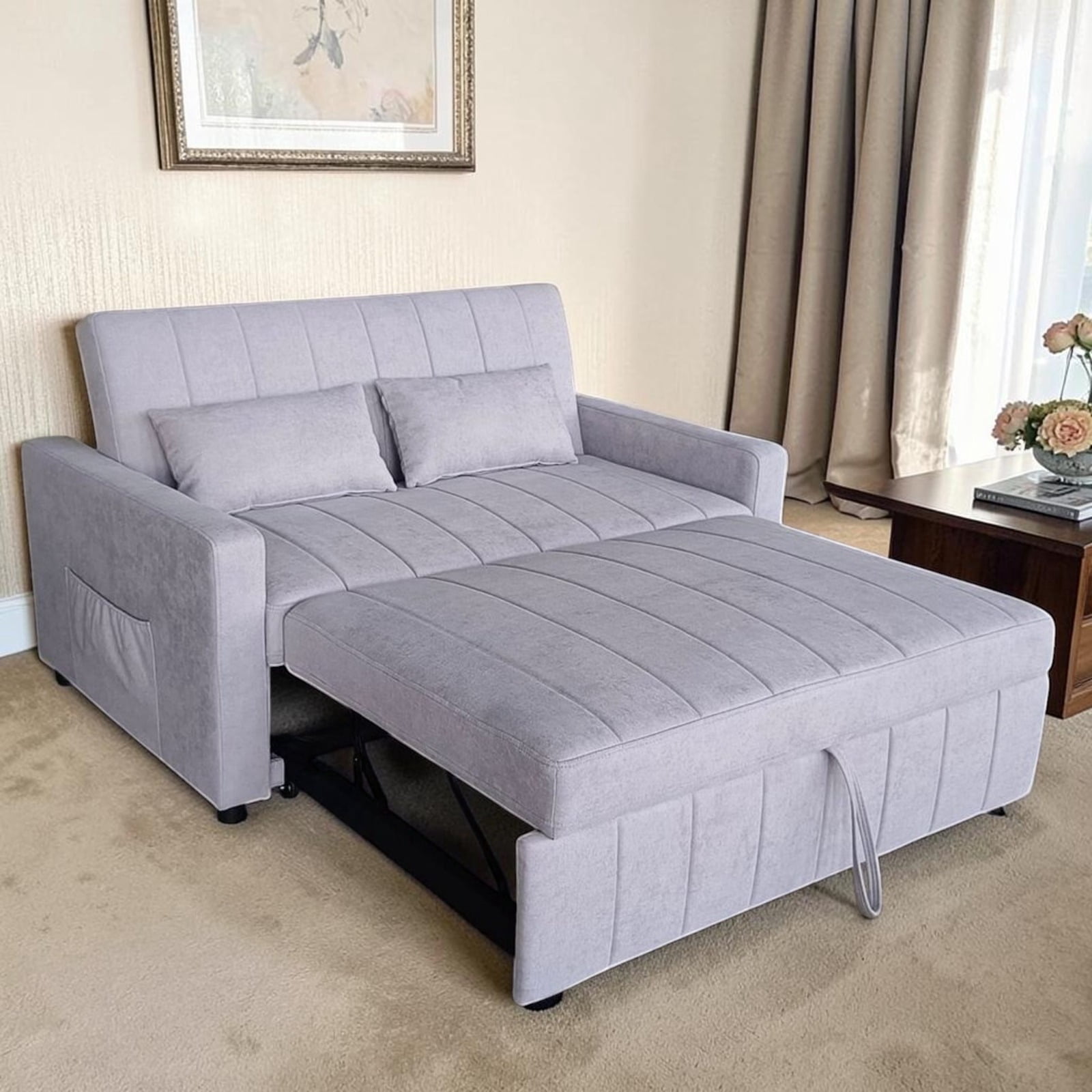 Cosmic Homes Melissa Fabric Sofa Bed – Light Grey, Pull-Out Sleeper Sofa with Adjustable Backrest, Storage Pockets & Accent Pillows for Small Spaces