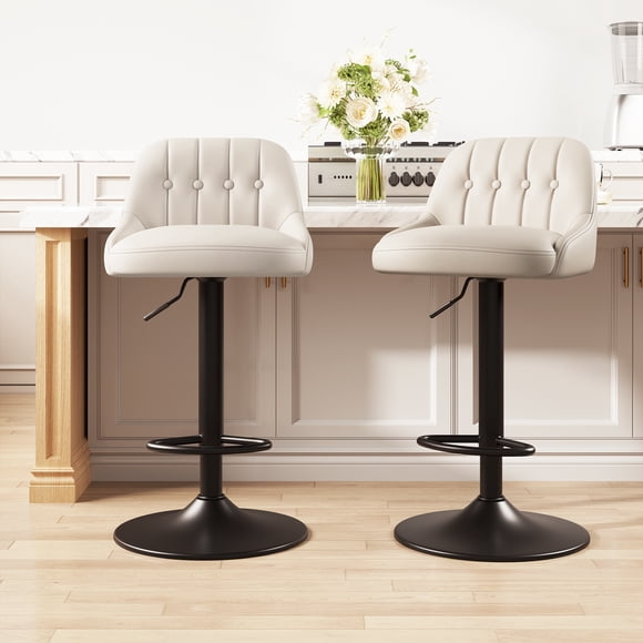 MALOL Bar Stools Set of 2, Swivel Bar Chairs, Modern Adjustable PU Leather Upholstered Barstools Counter Height with Tufted Back for Bar, Kitchen Counter Island, Dining Room, Beige