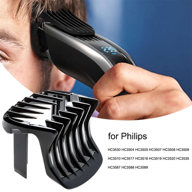 Hair Clipper Guide Combs Limit Combs Hair Trimmer Replacement Parts for Philips HC3530 3520 3535 3510. Black plastic comb attachment designed for precise hair trimming. Compatible with Philips models HC3530, HC3504, HC3505, HC3507, HC3508, HC3509, HC3510, HC3517, HC3518, HC3519, HC3520, HC3535, HC3587, HC3588, and HC3589. Lightweight at approximately 10g.