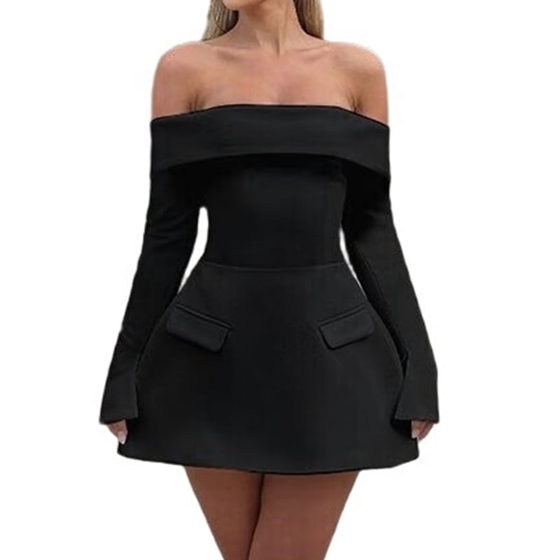 Robe Mini pour Femmes à Épaules Dénudées à Manches Longues Robe Trapèze Courte Robes Formelles Tenue de Fête Boîte de Nuit Noir P