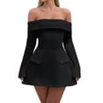 thumbnail image 1 of Robe Mini pour Femmes à Épaules Dénudées à Manches Longues Robe Trapèze Courte Robes Formelles Tenue de Fête Boîte de Nuit Noir TP, 1 of 8