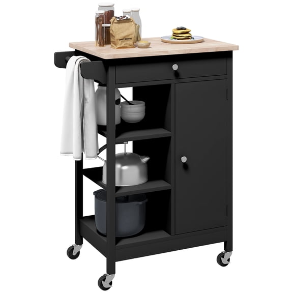 HOMCOM Rolling Kitchen Cart with Storage Cabinet, Drawer, Wood Top