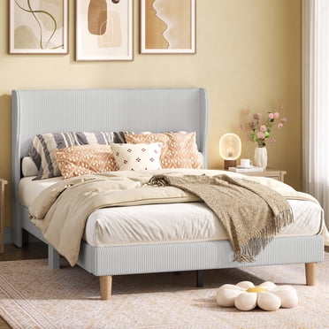 Bestier Full Upholstered Bed Frame with Adjustable Arc-shaped Headboard, LED Platform Bed