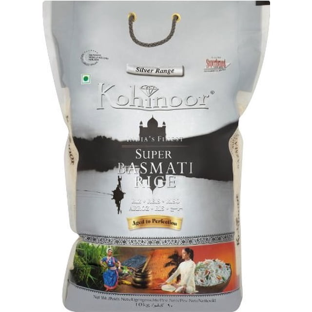 Kohinoor Riz Basmati Sac de 10 Lb avec Emballage Argenté et Noir Étiqueté Argent Gamme et Super Riz Basmati, Montrant une Scène de Lac avec une silhouette de Bateau et de temple, plus un Panneau Inférieur Représentant la Cuisine Indienne Traditionnelle et une Assiette de Riz Basmati Cuit, Convient aux Plats Indiens et d'Asie du Sud.