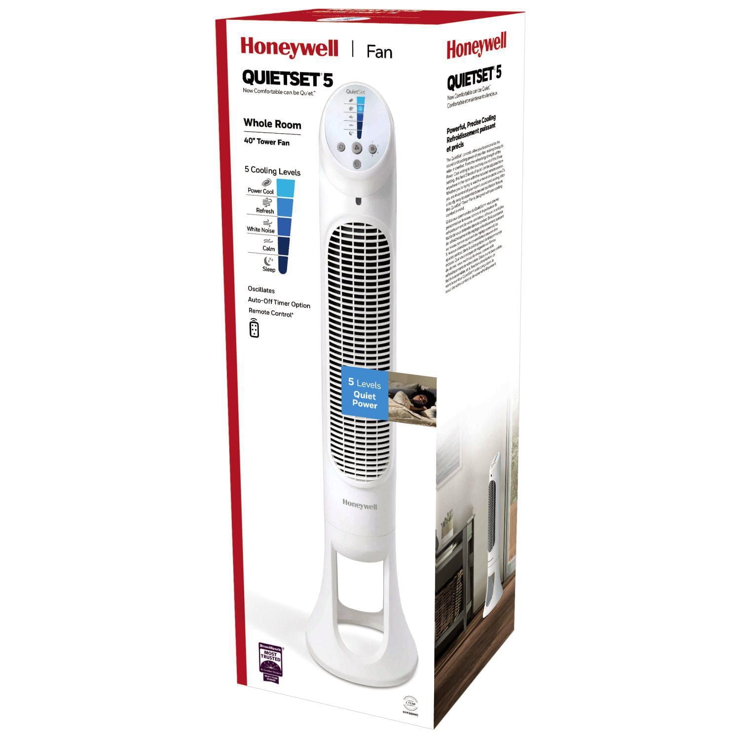 Ventilateur tour de 101 cm pièce entière QuietSetᴹᴰ 5 HYF260WC Honeywell