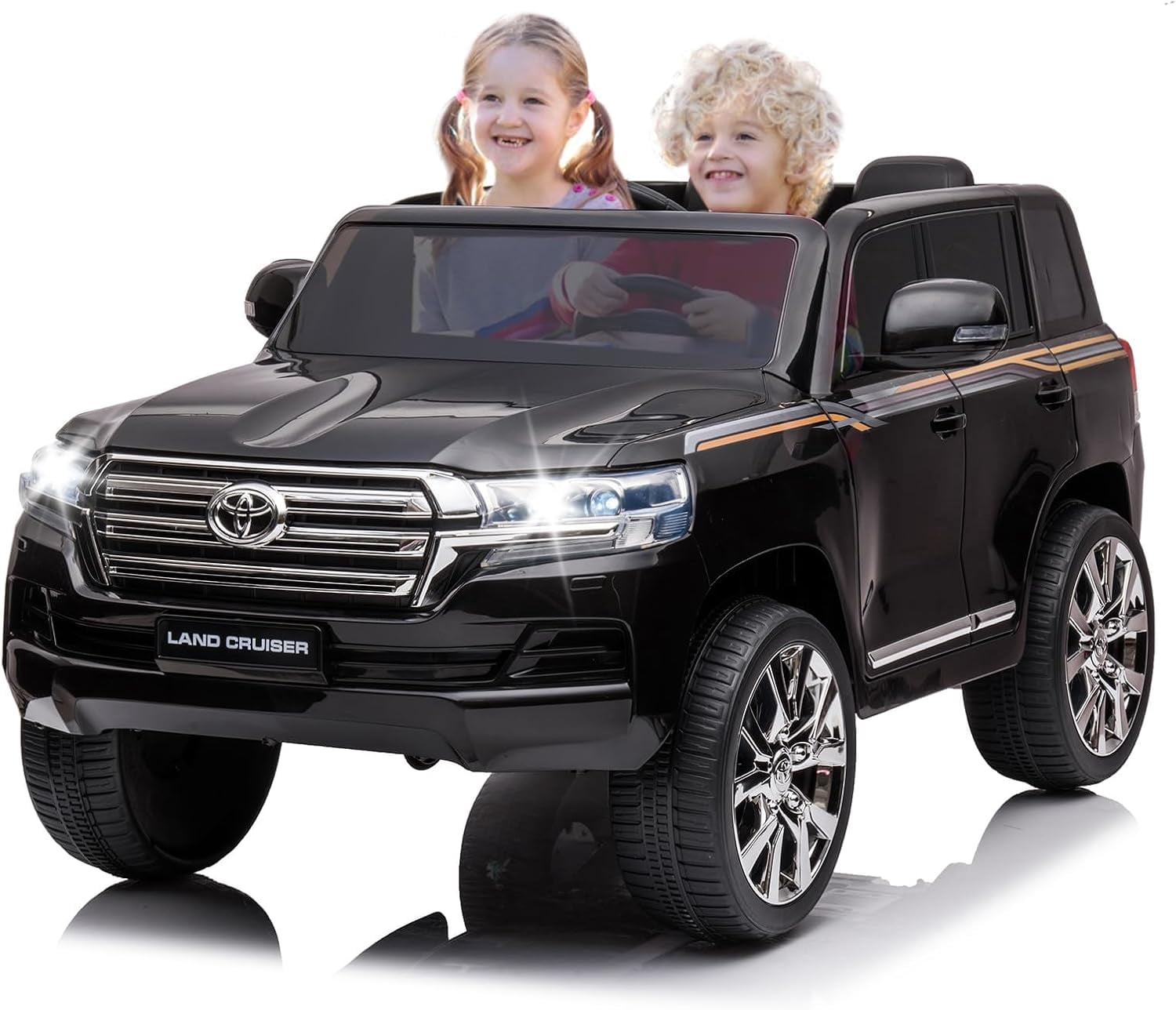 Licensed Toyota Land Cruiser Ride On Car for Kids, 12V 2-Seater Electric Vehicle with Remote Control, LED Lights, Music, Double Doors, Safety Belt, Battery Powered Police SUV Toy, Black