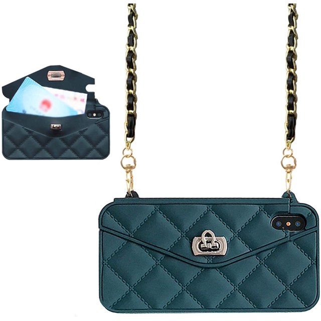 Wallet Case Compatible with iPhone, Pretty Luxury Bag Design, Purse Flip Card Pouch Cover Soft Silicone Case with Hand Holder Long Shoulder Strap(Dark Green,iPhone 11 Pro)