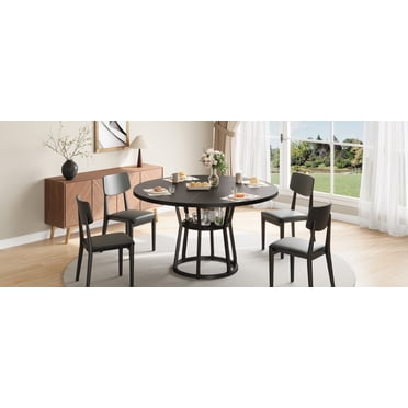 Table à Manger Ronde Gain de Place pour 4-6 – Table de Style Ferme Moderne avec Tablette de Rangement – Pattes en Métal Robustes – Idéale pour Salle à Manger, Cuisine, Appartement – Chaises Exclues