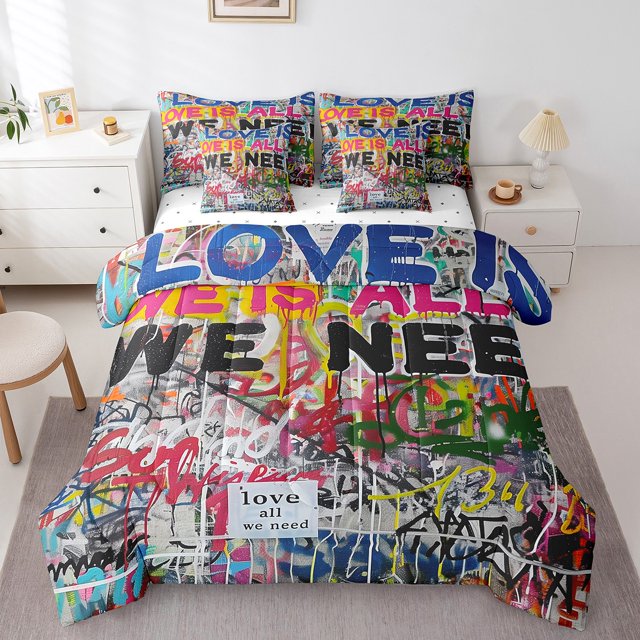 YST Watercolor Graffiti Comforter Set 7Pcs, Hip-Hop Tie Dye Bedding, Full Size