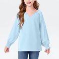thumbnail image 2 of MeetoTime Girls Solid Color Loose Puff Sleeve Long Sleeve V-neck Top Spring Fall Kids Shirt 6-16 Years, 2 of 7