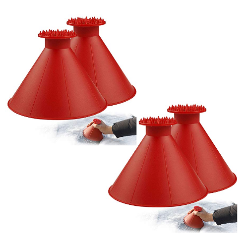WJCA 4-Pack Cone Shape Ice Scraper with Funnel Feature, Efficient Windshield Winter Care Tool, Vibrant Red Color