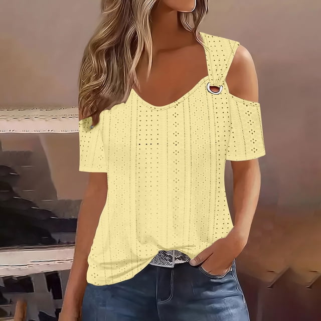 Ovbmpzd Womens Tops Short Sleeve V-Neck Off the Shoulder Yellow Solid Comfy Tees Women Vest M
