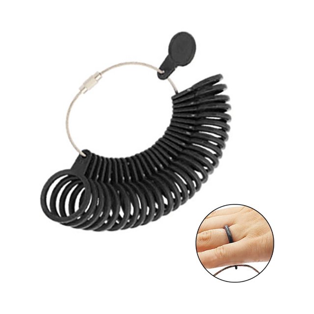 Kcavykas Watches, Jewelry Ring Size Measuring Tool featuring a four-purpose ring stick with a standard port for measuring ring sizes. The tool includes a set of black plastic rings on a metal loop, each marked with sizes ranging from 1 to 33. A close-up inset shows the tool being used to measure a ring on a finger. Designed for both men and women, it measures US, Hong Kong, Japan, and European ring sizes with precision. Made of durable, recyclable plastic with clearly marked increments for ease of use.