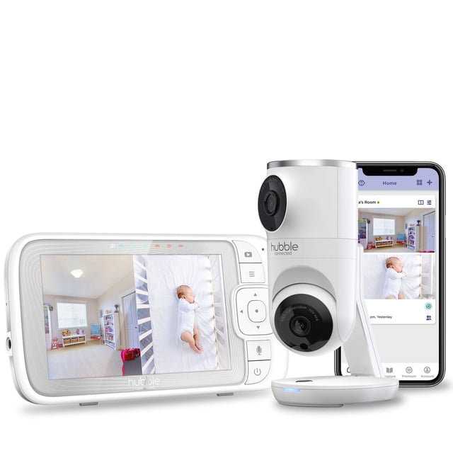 Hubble Connected Nursery Pal Dual Vision smart HD dual camera baby monitor with motion tracking and sleep routine management, featuring a white dual-lens camera, 5-inch 720p parent unit displaying a nursery and crib view, and smartphone showing the monitoring app interface.