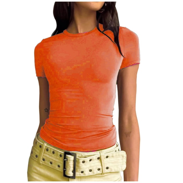 Yuyuzo Hauts de Sortie pour Femmes T-Shirts à Manches Courtes Col Rond Extensibles Ajustés Basiques