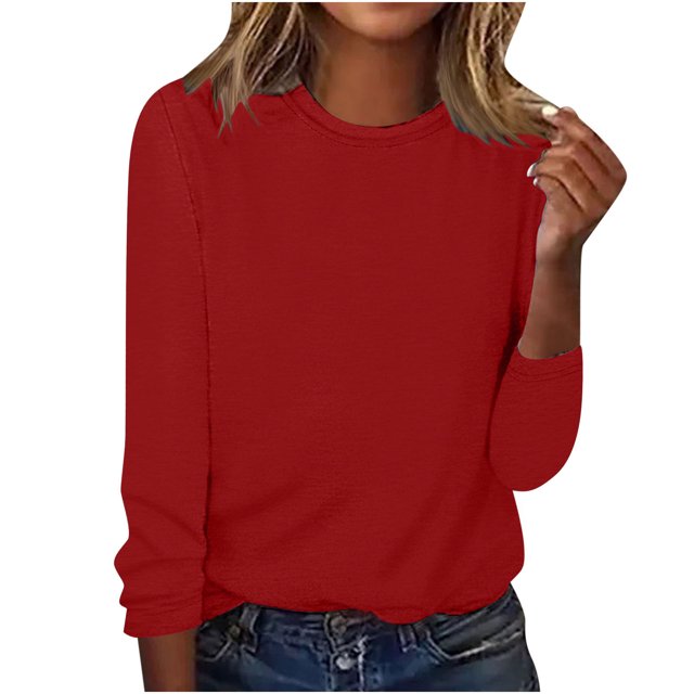 AherBiu Womens Long Sleeve Tops Crewneck Basic Layer Top Tee Tshirts Solid Color Dailywear