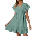 thumbnail image 2 of Offres jusqu'à 70 % de Rabais! Hauts d'Été pour Femmes 2024 Grande Taille Robes de Mode Manches Courtes Col en V Cordon Décontracté à Volants Robe Trapèze Courte Cadeau pour Femmes en Solde, 2 of 9