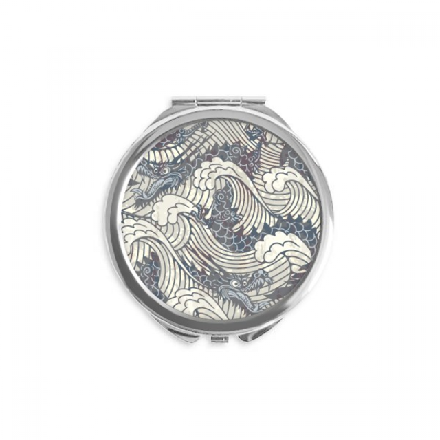 China Blue Dragon Wave Line Painting Repeat Hand Compact Mirror Round Portable Pocket Glass