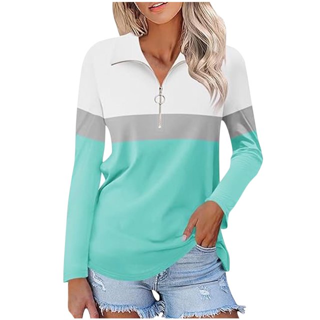 Plebaso Chemises à Manches Longues pour Femmes à Blocs de Couleur Quart Zip Hauts Décontractés Col Pull Blouses pour Femmes