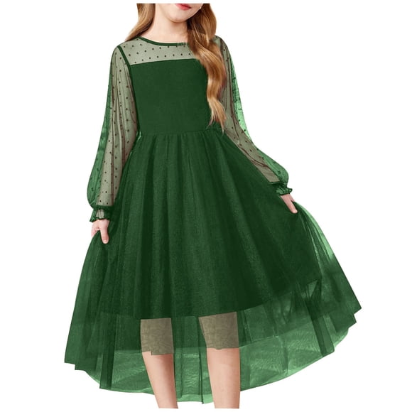 Floleo Girls Long Sleeve Casual Party Dress Spring Princess Performance Dress for Birthday Holiday Christmas Celebration Elegant Fashionable Kids Wear(Green,11-12 Years)