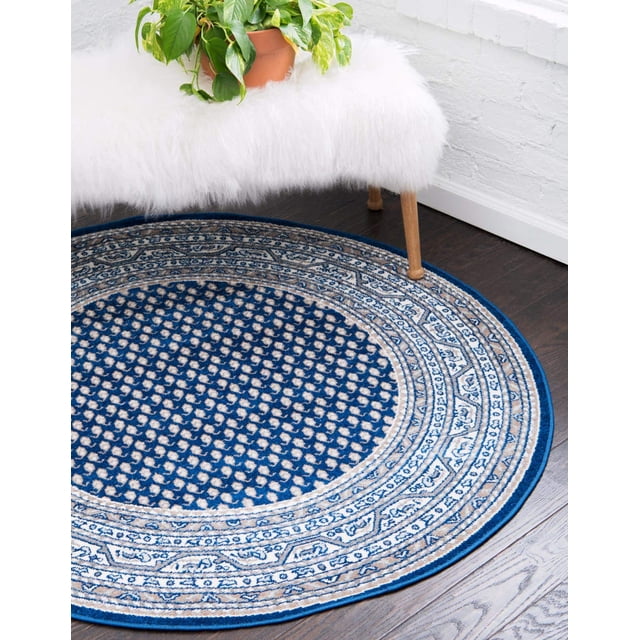 Unique Loom Williamsburg Collection Frontière Traditionnelle avec Tapis de Zone Centrale Pointillée, Rond 5' 1" x 5' 1", Bleu Marine/gris