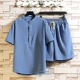 thumbnail image 1 of TIMIFIS Men's Tracksuits 2 Piece Casual Athletic Jogging Outfits Two Piece Cotton Linen Short Sleeve V Neck Tops And Shorts SetFall, 1 of 5