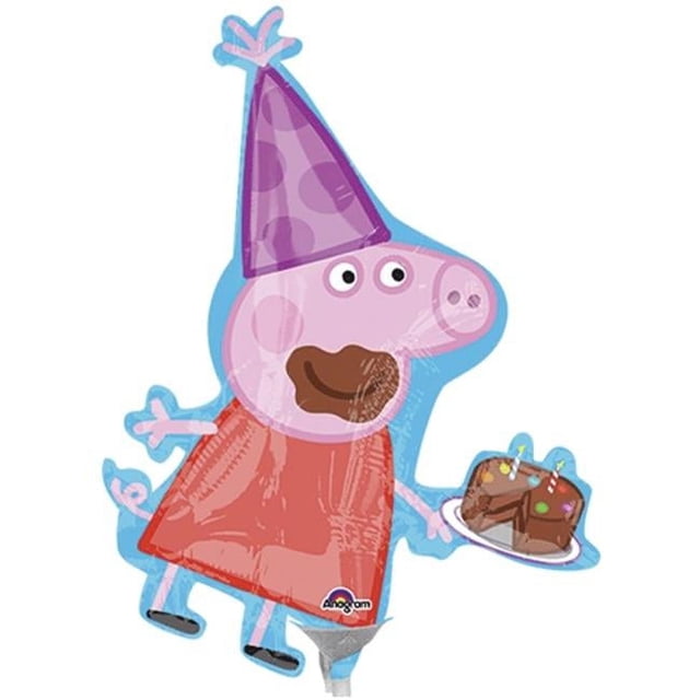 AIRFILL PEPPA PIG premium foil balloon showing Peppa Pig wearing a red dress and purple party hat, holding a plate with a chocolate birthday cake decorated with candles, multicolour party supply ideal for festive celebrations