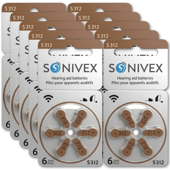 SONIVEX® Piles pour Aide Auditive Taille 312, Zinc-Air, Sans Mercure, 60 Piles (10 Paquets de 6), Fabriqué en Allemagne