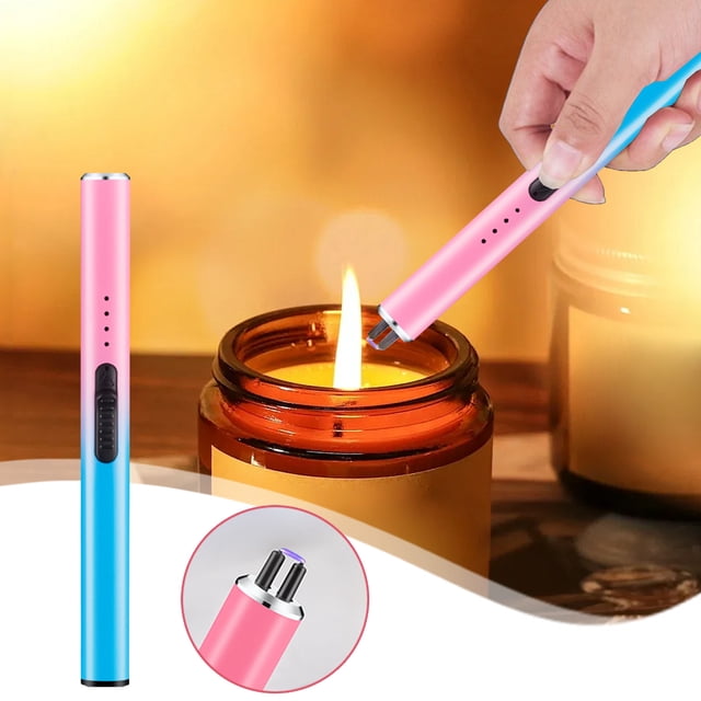 Meitianfacai Electronic Candle Lighter Windproof Flameless USB Rechargeable Lighter with Safe Button for Home Kitchen. The image shows a pink and blue lighter being used to light a candle in a glass jar. The lighter features a slim design with a retractable tip and a non-slip button for safe operation. A close-up inset highlights the plasma ignition tip. Suitable for indoor and outdoor use, it is windproof and rechargeable via USB.