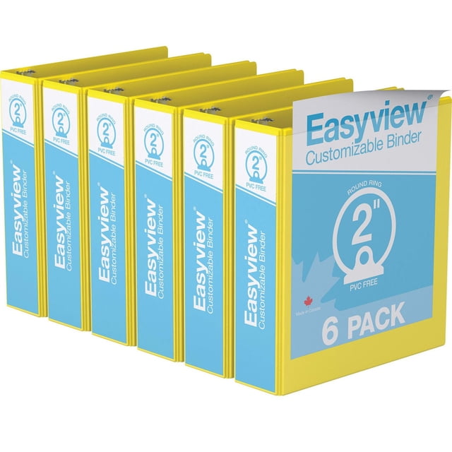 Davis Group Easyview Premium round ring customizable view binder 6 pack with 2-inch PVC-free rings, yellow covers featuring clear overlays on front, spine, and back for easy customization, made in Canada, suitable for organizing presentations, manuals, and reports.