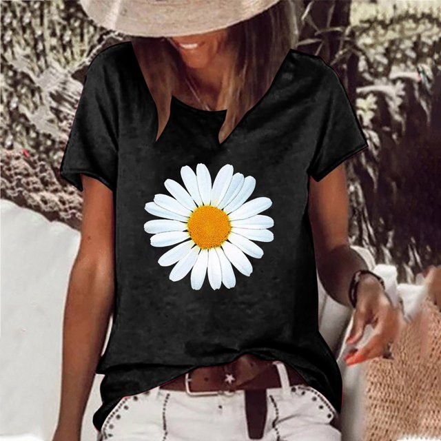 SMihono Hauts pour Femmes Été Mode Décontractée Femme Décontractée Marguerite Col Rond Imprimé Blouse Manches Courtes T-Shirt Été Hauts T-Shirt Oversize pour Femmes