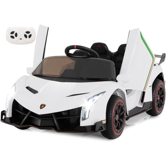 OLAKIDS Voiture Électrique pour Enfants à 2 Places, Véhicule Électrique 12 V 4RM sous Licence Lamborghini Veneno avec Portes Hydrauliques, Mode Berçante, Vitesses Réglables, Télécommande, MP3, Phare