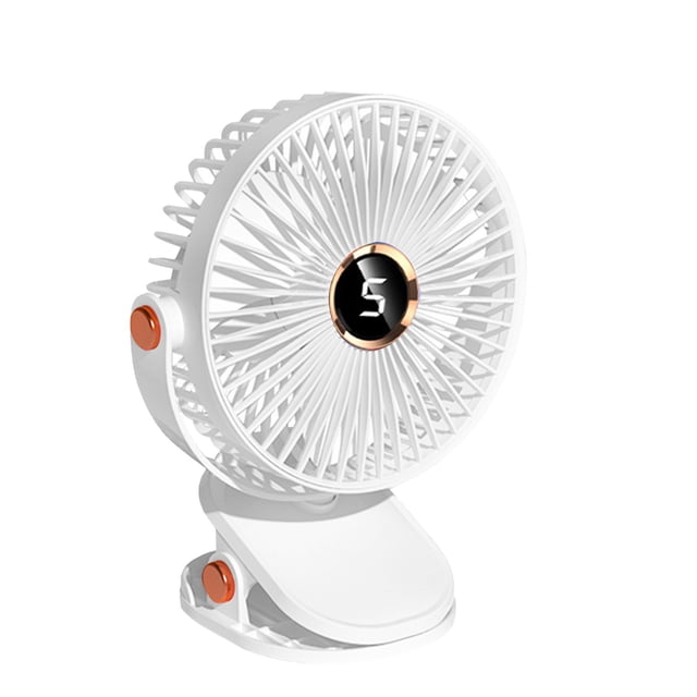 Rbaofujie Room Fans for Bedroom, a white USB rechargeable small fan with a digital display and clip-on base. Features a compact design with five adjustable wind speeds, a quiet operation mode, and a stable anti-slip base. Suitable for use in bedrooms, dormitories, offices, and travel. Made of ABS material, it measures 16.5x6x19.5 cm and includes a Type-C charging interface.