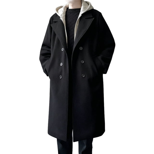 hoksml Men's Fake Two-Piece Hooded Wool Coat Color Block Plaid Lining Mid-Length Double Breasted Zipper Closure Trench Coat with Pockets