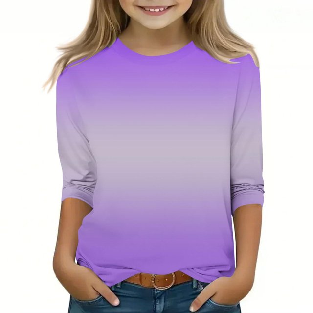 2025 Filles T-Shirts Décontractés Manches 3/4 Col Rond Tops d'Été T-Shirts Unis Blouses d'Automne Pulls Tops Violet